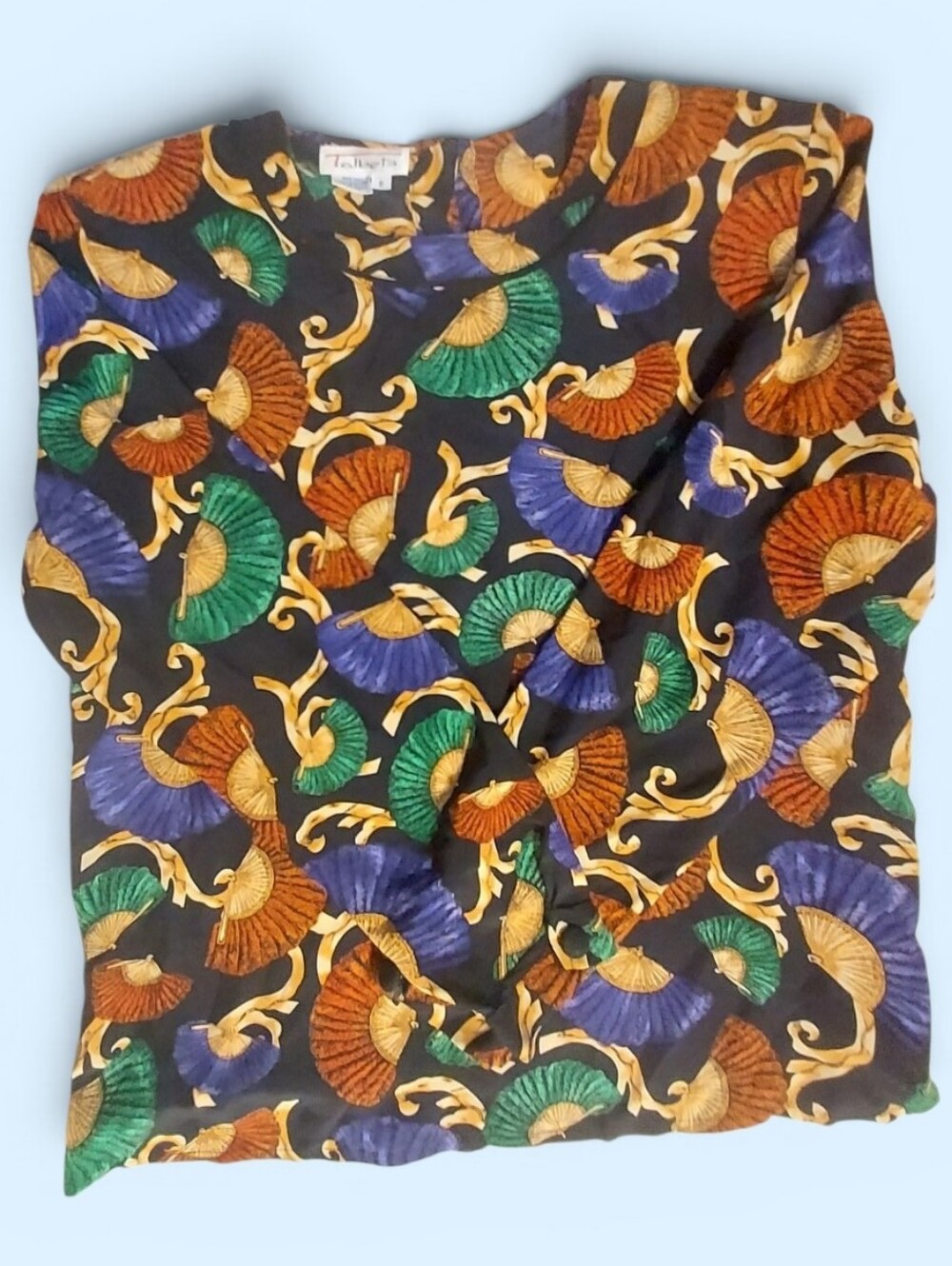 Vintage Silk  Talbots 100% Silk Fan Print Long Sleeve Blouse Black Multi Size 8